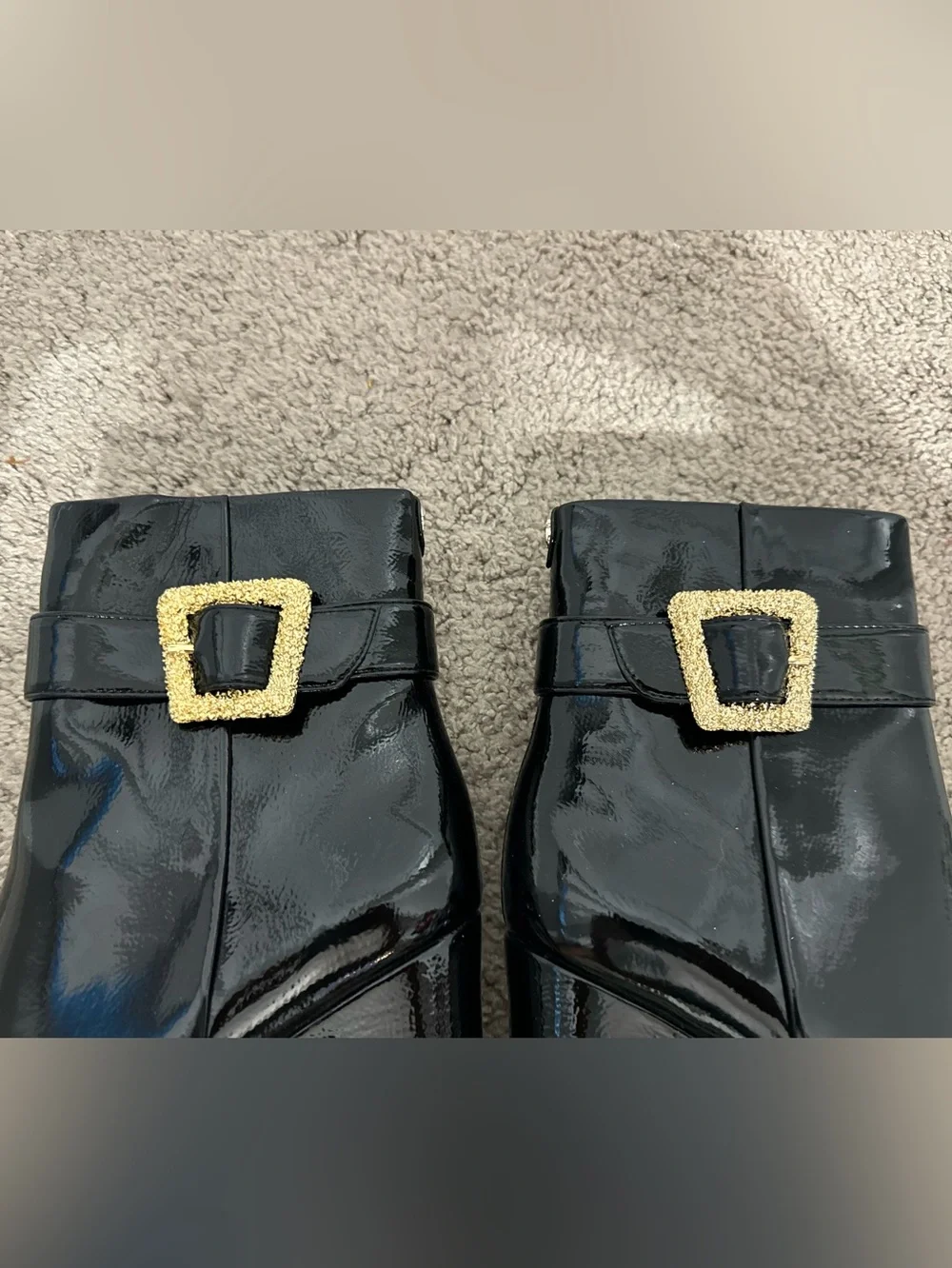 Pretty Sam Edelman size 7 black patent wedge Weslie boots gold buckle new